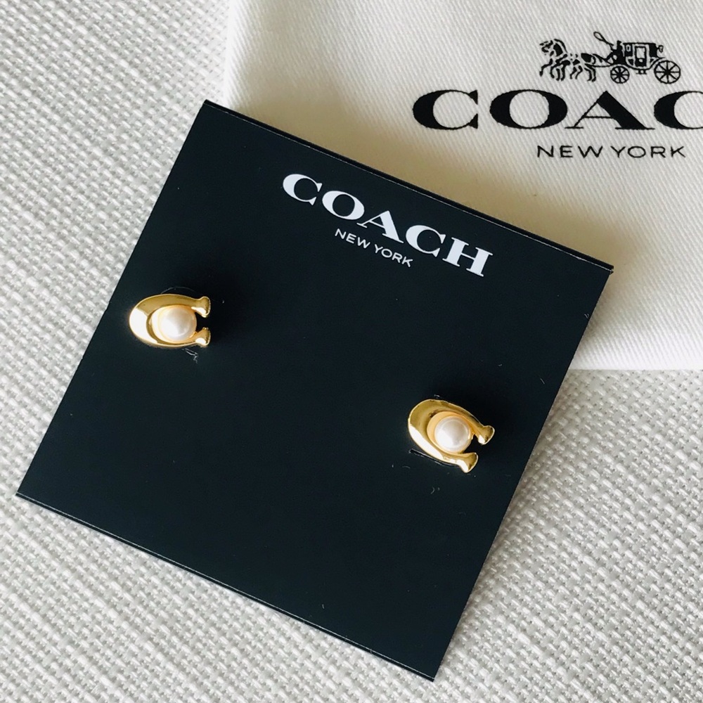 Coach Faux Pearl Gold C Stud Earrings, NWT - Picture 10 of 14